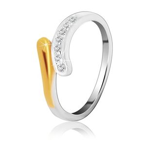 Strieborný prsteň 925 - zaoblená línia so zirkónmi a koncom zlatej farby - Veľkosť: 51 mm