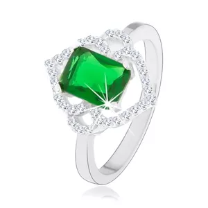 Strieborný prsteň 925, zelený obdĺžnikový zirkón, číre obrysy lístkov, oblúčiky - Veľkosť: 48 mm