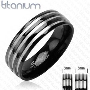 Titánová obrúčka - s troma  pruhmi striebornej farby, čierny - Veľkosť: 62 mm