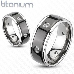 Titánový prsteň - čierny pás, vsadené zirkóny - Veľkosť: 59 mm