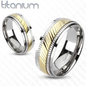 Titánový prsteň - dvojfarebný, vrúbkovaný - Veľkosť: 61 mm