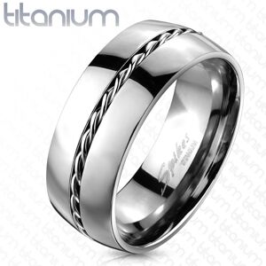 Titánový prsteň - obrúčka striebornej farby, točený drôtik uprostred - Veľkosť: 69 mm