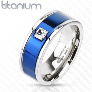 Titánový prsteň s modrým pruhom a štvorcovým zirkónom - Veľkosť: 69 mm