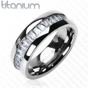 Titánový prsteň so vsadenými, obdĺžnikovými zirkónmi - Veľkosť: 67 mm