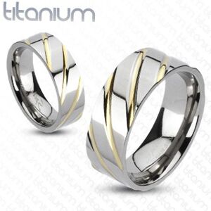 Titánový prsteň striebornej farby - prúžky v zlatej farbe - Veľkosť: 56 mm
