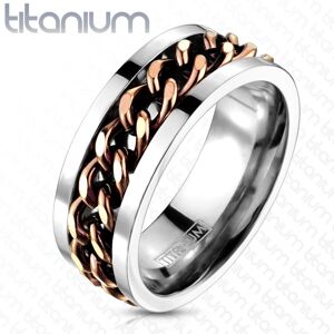Titánový prsteň striebornej farby - reťaz v medenom farebnom odtieni - Veľkosť: 68 mm