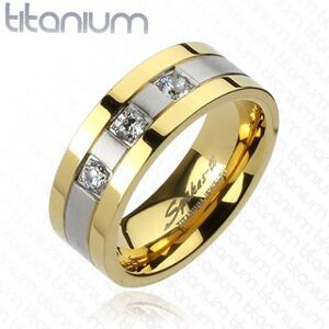 Titánový prsteň - zlato-striebornej farby, tri zirkóny - Veľkosť: 63 mm