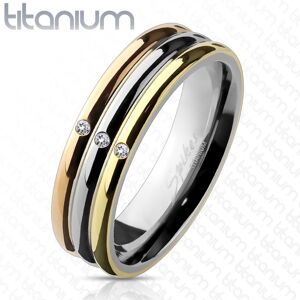 Trojfarebný titánový prsteň so zirkónmi - Veľkosť: 51 mm