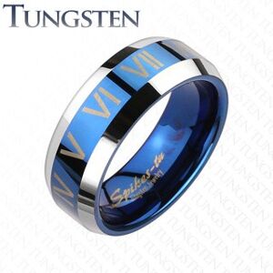Tungstenový prsteň - modro striebornej farby, rímske čísla - Veľkosť: 52 mm