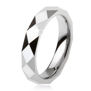 Tungstenový prsteň oceľovosivej farby, geometricky brúsený povrch - Veľkosť: 67 mm