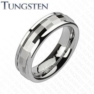 Tungstenový prsteň - ozdobný stredový pás s obdĺžnikmi - Veľkosť: 59 mm, Šírka: 6 mm