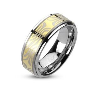 Tungstenový prsteň s pruhom zlatej farby a zebrovým motívom - Veľkosť: 70 mm