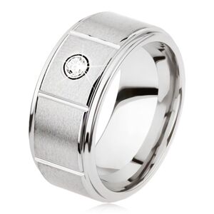 Tungstenový prsteň striebornej farby so zárezmi, matný sivý povrch, zirkón - Veľkosť: 57 mm