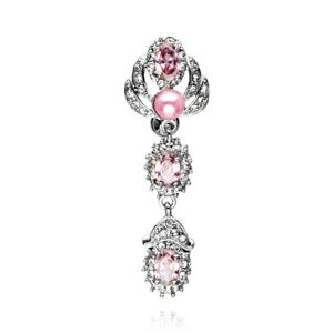 Visiaci piercing do brucha - ovály s ružovými zirkónmi, ramená s drobnými čírymi zirkónikmi, ružová perlička