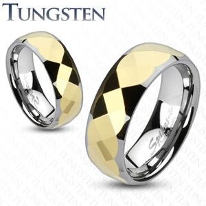Volfrámový prsteň - dvojfarebný, geometricky brúsený stred zlatej farby - Veľkosť: 55 mm, Šírka: 8 mm