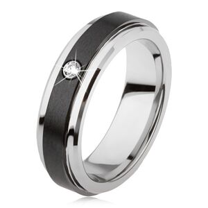 Volfrámový prsteň striebornej farby, čierny keramický pás, zirkón - Veľkosť: 67 mm