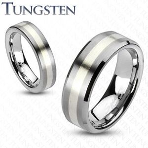 Wolfrámový prsteň - matný šedý s pásom striebornej farby - Veľkosť: 70 mm, Šírka: 8 mm
