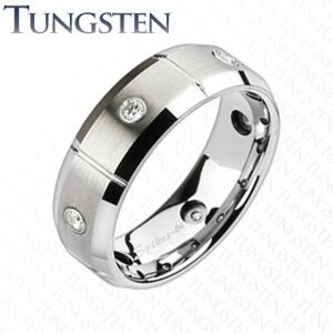 Wolfrámový prsteň s brúsenými obdĺžnikmi a zirkónmi - Veľkosť: 51 mm