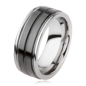 Wolfrámový prsteň s lesklým čiernym povrchom a zárezom, strieborná farba - Veľkosť: 55 mm