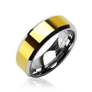 Wolfrámový prsteň so skosenými hranami a stredovým pásom v zlatej farbe, 8 mm - Veľkosť: 67 mm