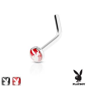 Zahnutý piercing do nosa, oceľ 316L, farebné koliesko s Playboy zajačikom - Farba piercing: Červená