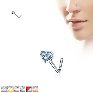 Zahnutý piercing do nosa z ocele - srdiečko ozdobené zirkónmi, rôzne farby - Farba zirkónu: Strieborná - modrá