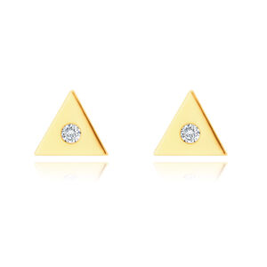 Zlaté 9K náušnice - malý trojuholník s čírym zirkónom v strede, puzetky