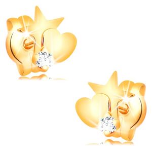 Zlaté diamantové náušnice 585 - hviezda a srdce, okrúhly číry briliant