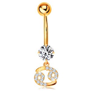 Zlatý 14K piercing do bruška - číry zirkón, ligotavý symbol zverokruhu - RAK