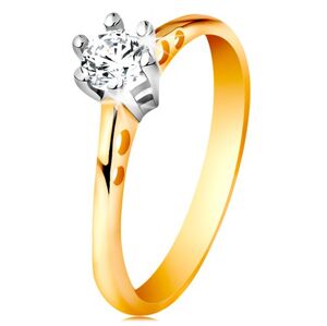 Zlatý 14K prsteň - okrúhle výrezy na ramenách, číry zirkón v kotlíku z bieleho zlata - Veľkosť: 58 mm