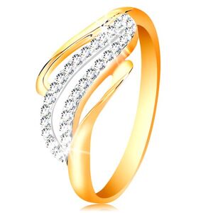Zlatý prsteň 14K - zvlnené línie ramien, ligotavé číre zirkóniky - Veľkosť: 52 mm
