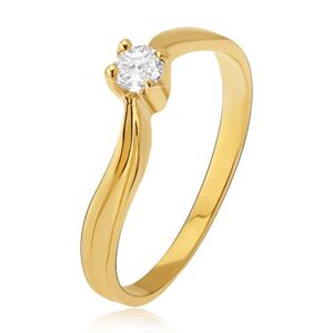 Zlatý prsteň 585 - lesklé zvlnené ramená, priehlbina, číry kamienok - Veľkosť: 53 mm