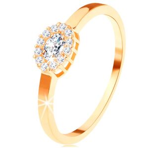 Zlatý prsteň 585 - oválny číry zirkón lemovaný okrúhlymi zirkónikmi - Veľkosť: 63 mm