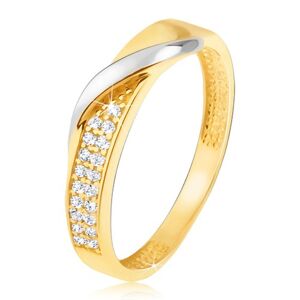 Zlatý prsteň 585 - pás drobných čírych zirkónov, zvlnená línia v bielom zlate - Veľkosť: 52 mm