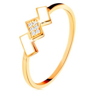 Zlatý prsteň 585 - šikmé obdĺžniky pokryté bielou glazúrou a zirkónmi - Veľkosť: 54 mm