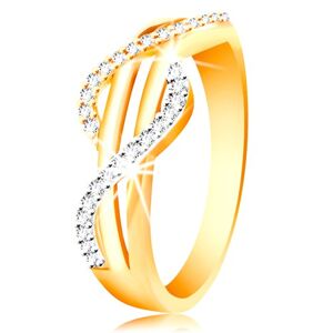 Zlatý prsteň 585 - zirkónové vlnky zo žltého a bieleho zlata, rovné hladké pásy - Veľkosť: 49 mm
