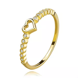 Zlatý prsteň z 9K žltého zlata - obrys srdca, kvietky z čírych zirkónov - Veľkosť: 52 mm